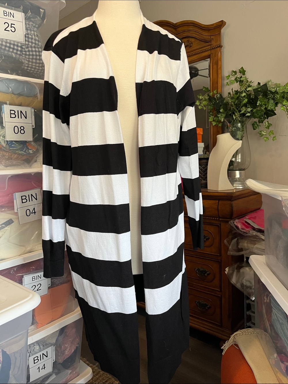 Striped Open-Front Black & White Long Cardigan